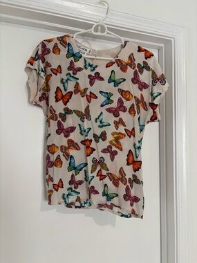 Escada Cream Short Sleeve Top with Multicolor Butterfly Print